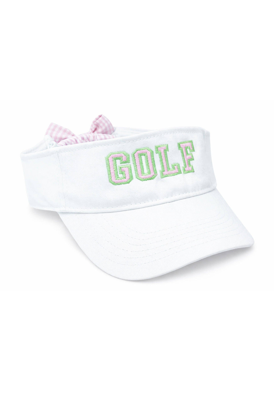 White visor with 'GOLF' text and pink accents on a white background