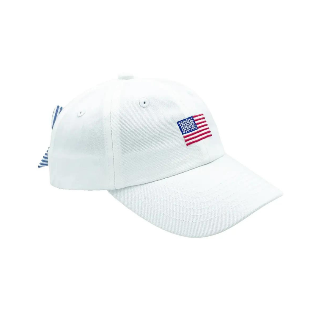 White cap with American flag patch on a white background