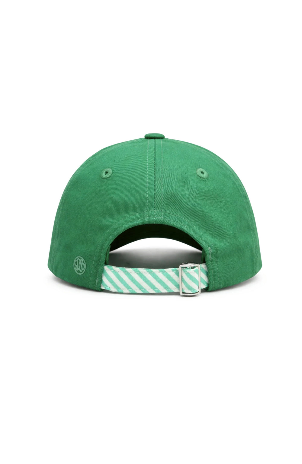 Green cap with a white and green striped strap on a white background