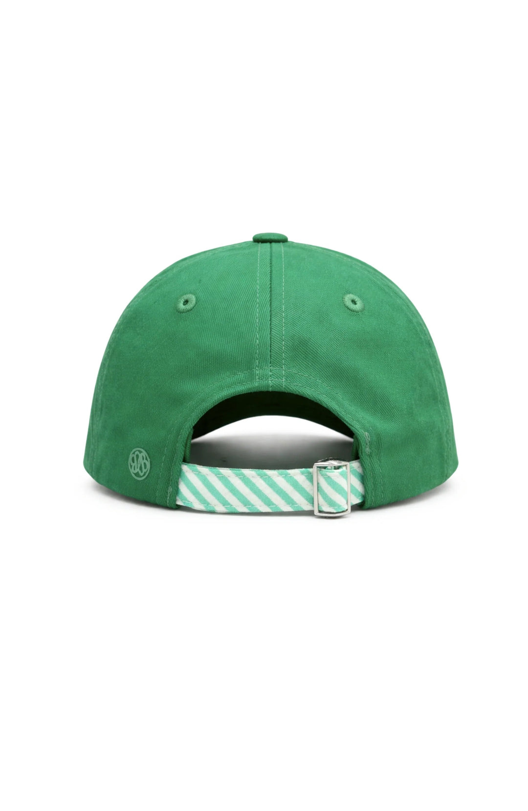 Green cap with a white and green striped strap on a white background