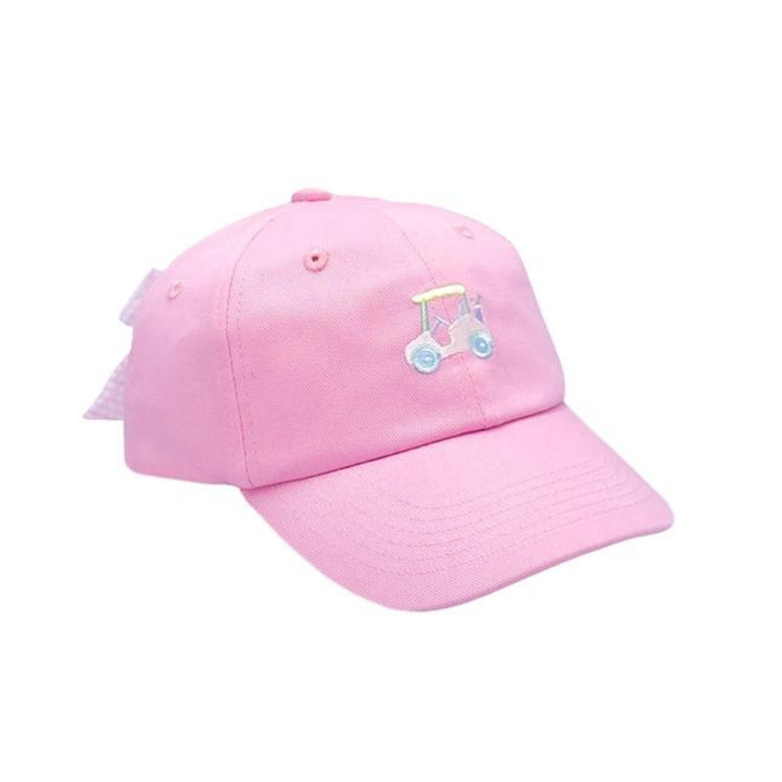 Pink baseball cap with a small embroidered design on a white background