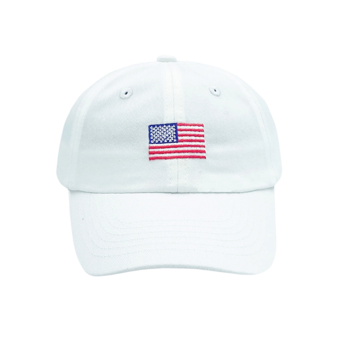White cap with American flag embroidery on a white background