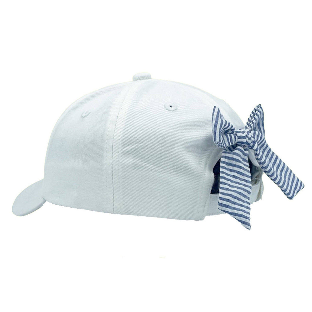 White cap with a blue and white striped bow on a white background
