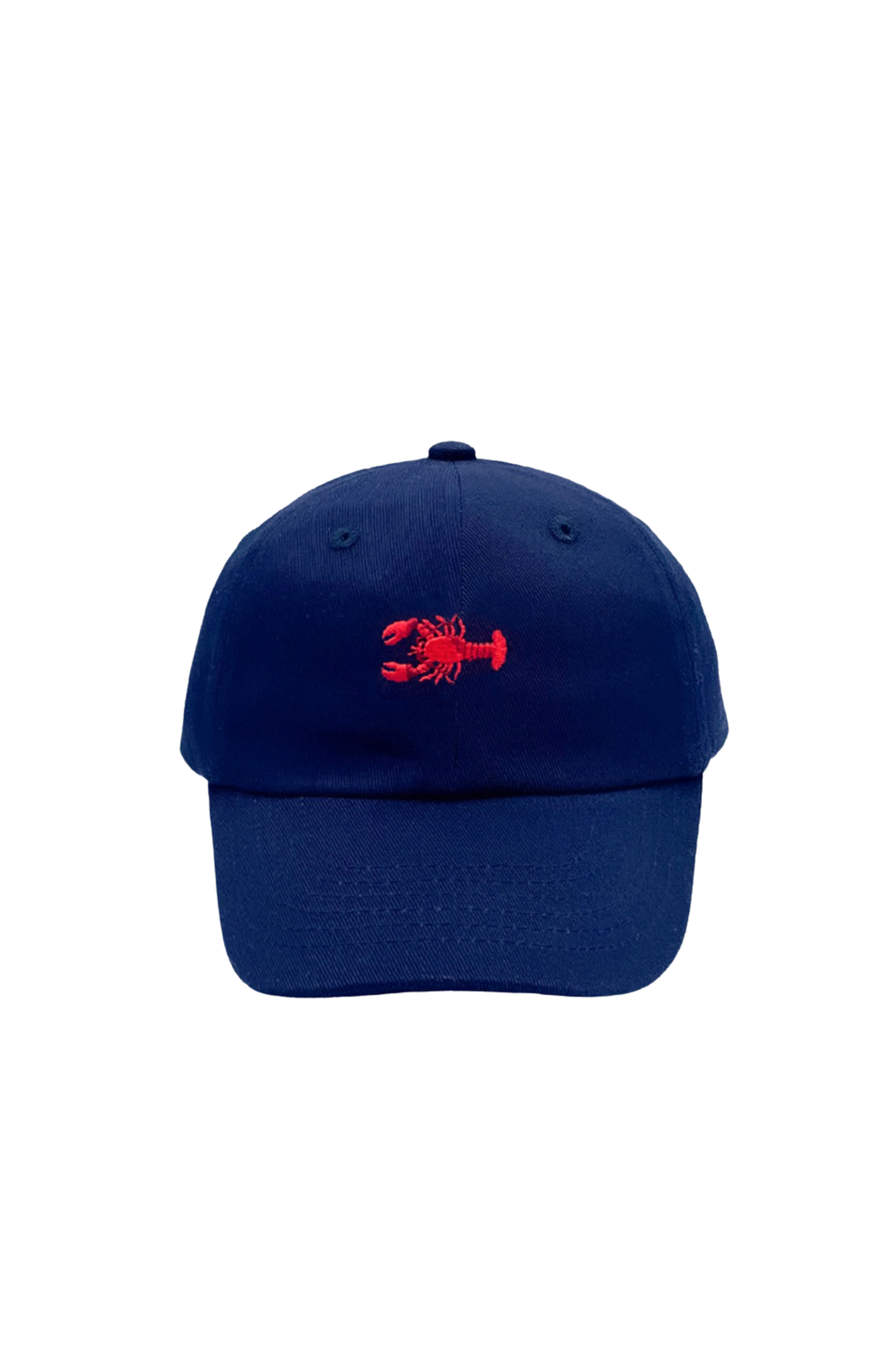 Blue cap with a red lobster emblem on a white background