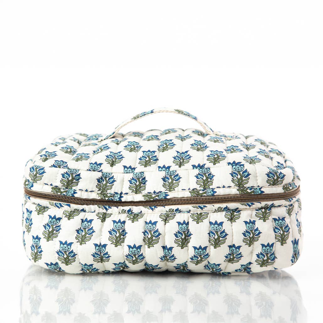 Floral-patterned travel case on a white background