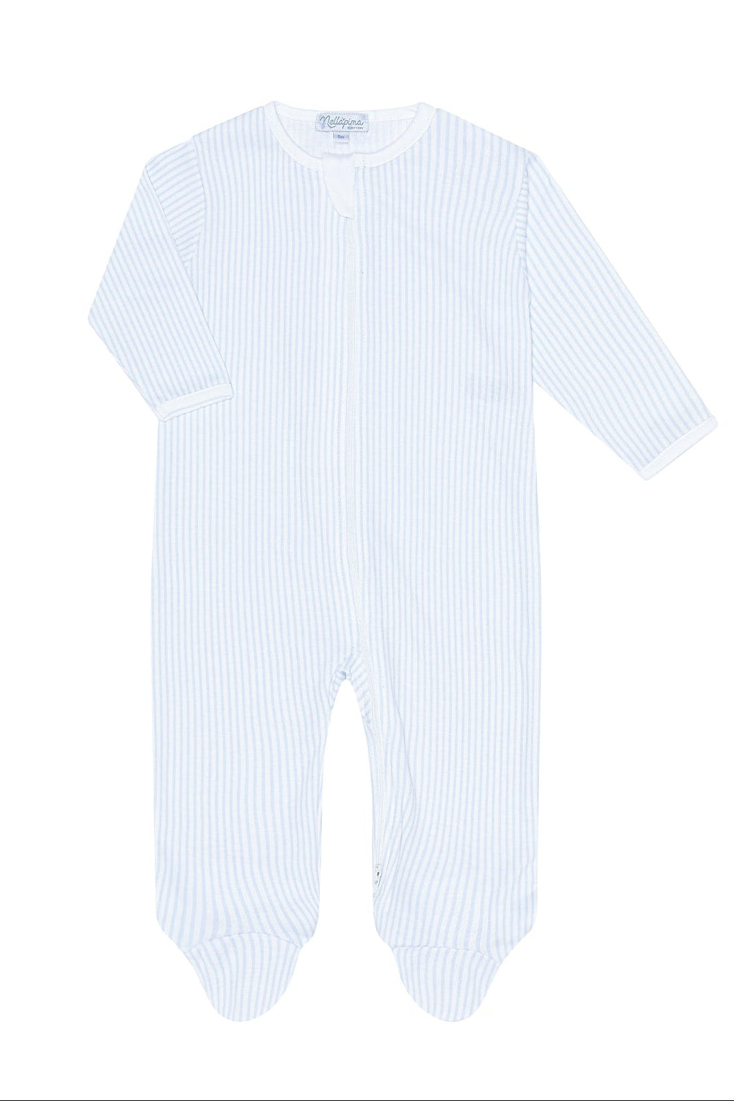 A white and light blue vertically striped baby footed one-piece romper with long sleeves and a snap closure at the neck, shown flat on a white background.