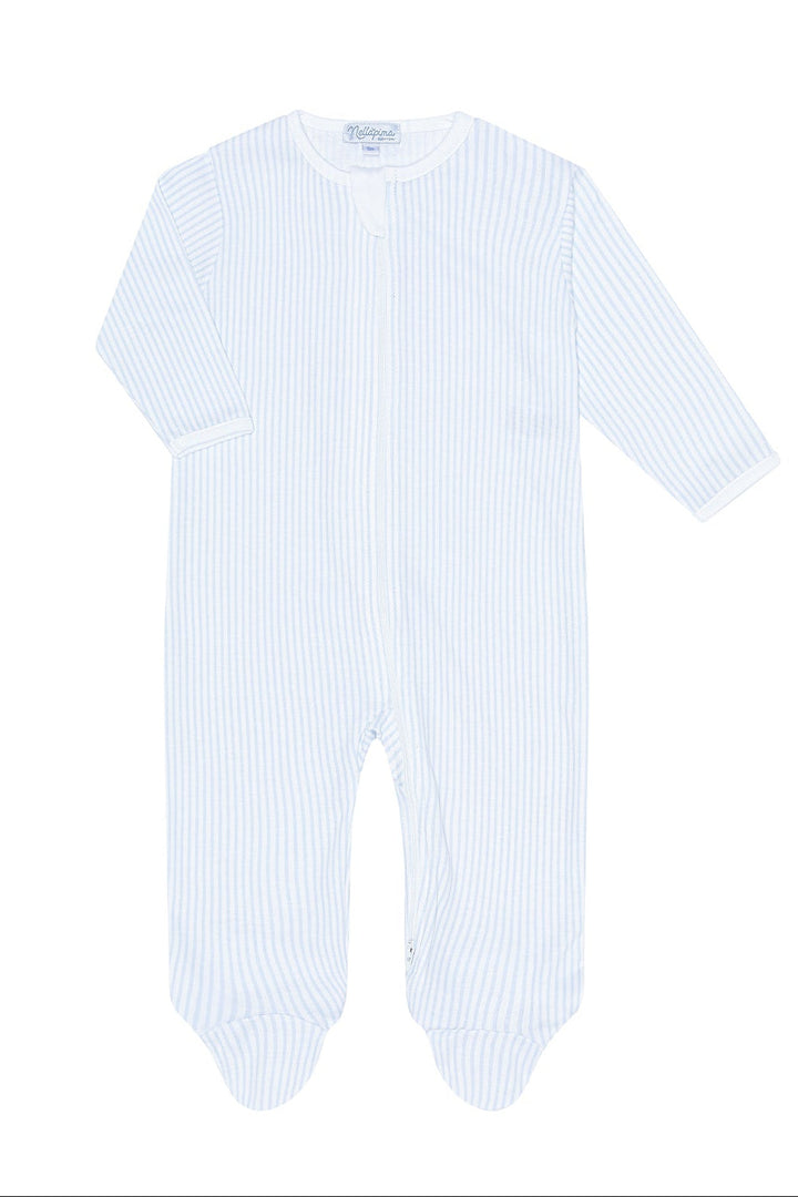 A white and light blue vertically striped baby footed one-piece romper with long sleeves and a snap closure at the neck, shown flat on a white background.