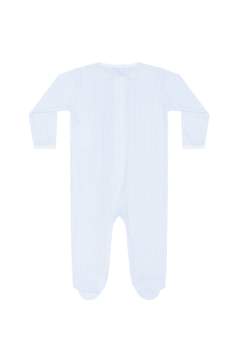 A long-sleeve baby footed sleeper with vertical light blue and white stripes, shown flat against a white background.