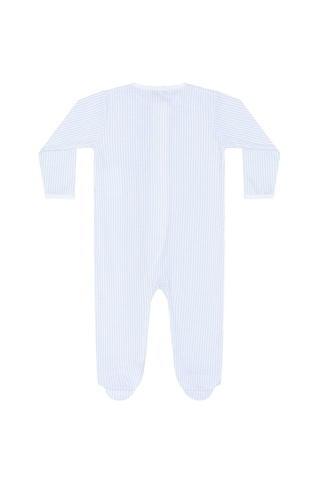 A long-sleeve baby footed sleeper with vertical light blue and white stripes, shown flat against a white background.