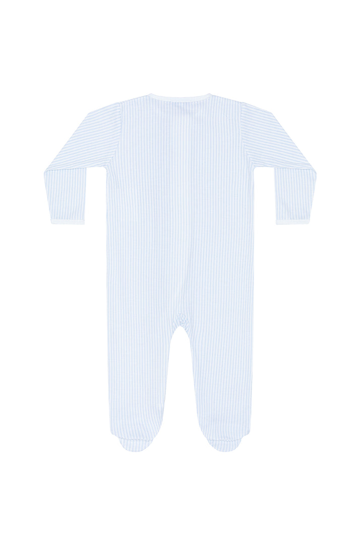 A long-sleeve baby footed sleeper with vertical light blue and white stripes, shown flat against a white background.
