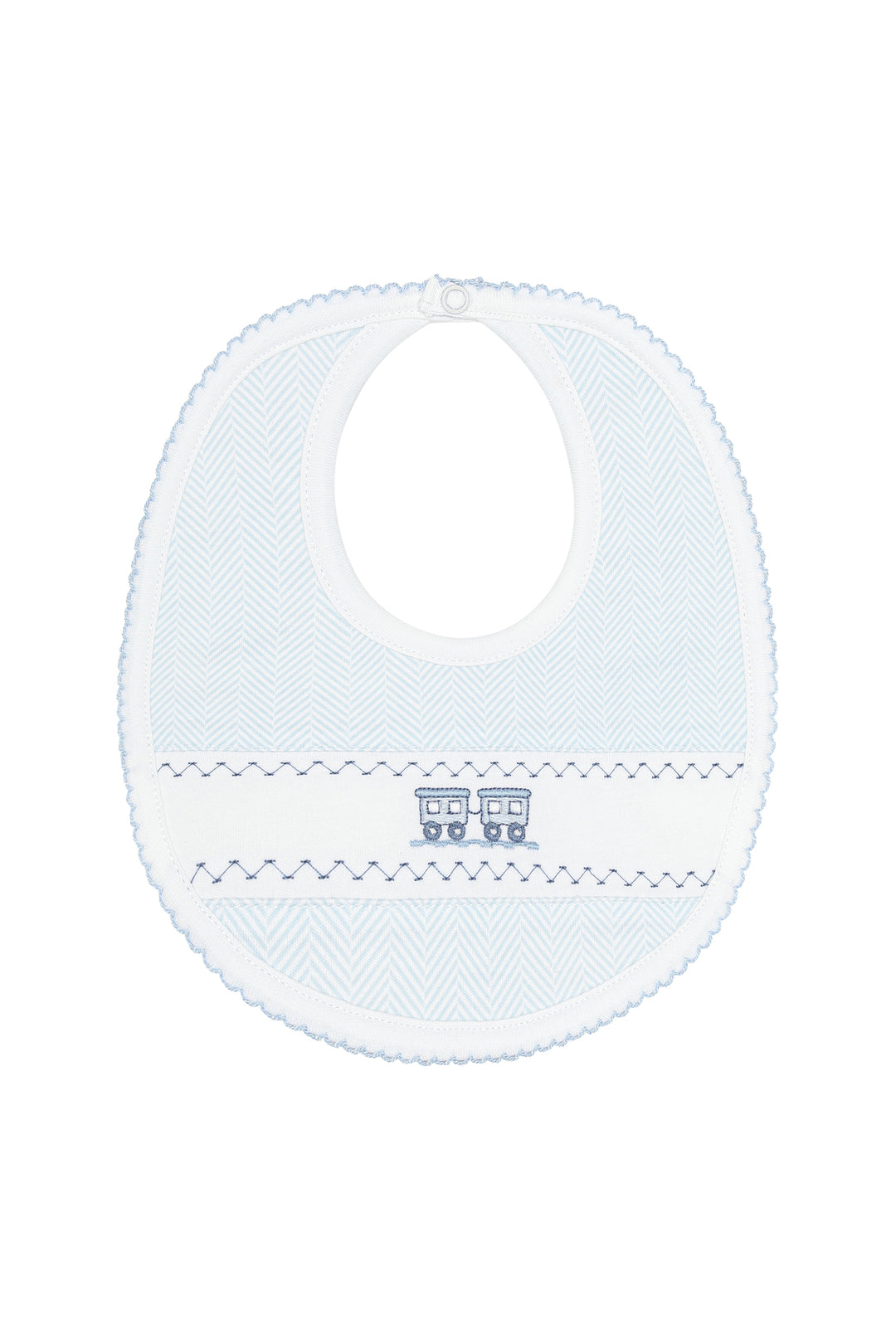 A light blue and white baby bib with a herringbone pattern, scalloped edges, and a small embroidered train motif in the center.