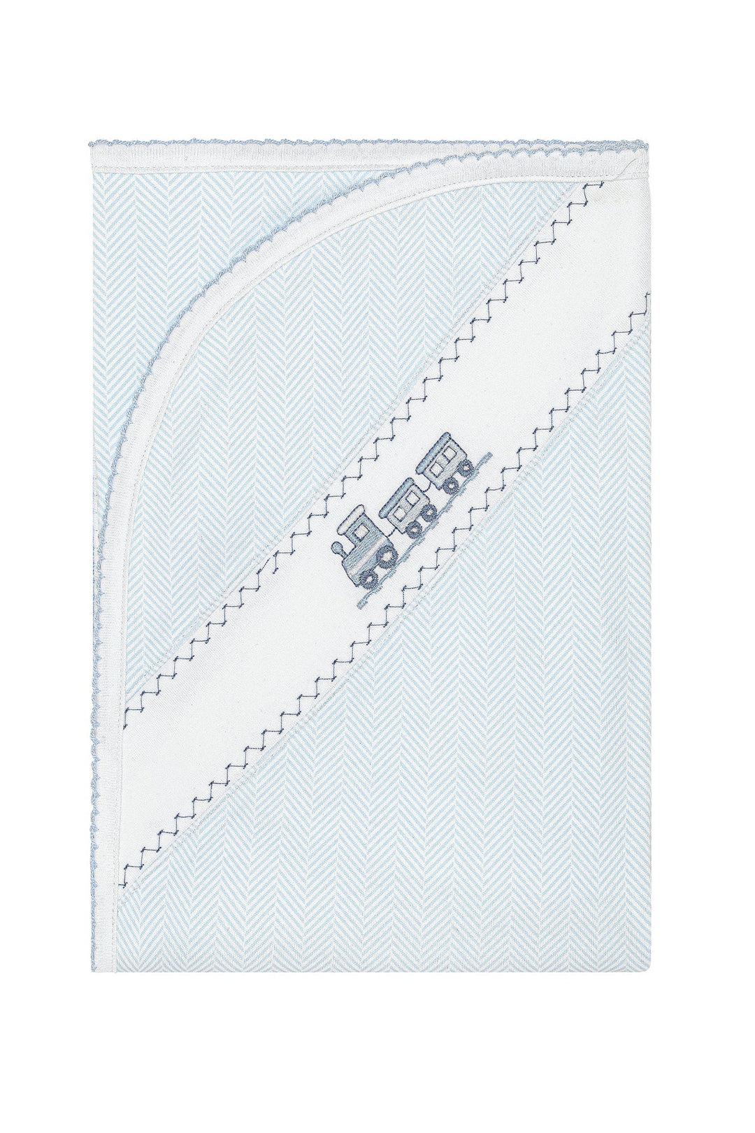 A light blue and white baby blanket featuring a herringbone pattern, a diagonal white stripe with zigzag stitching, and a central embroidered train