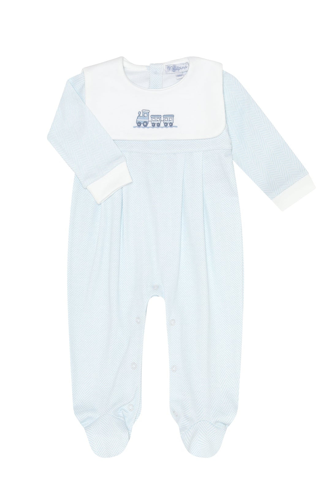 Baby Boy Long Sleeve Herringbone Print with Embroidered Train Bib on Front