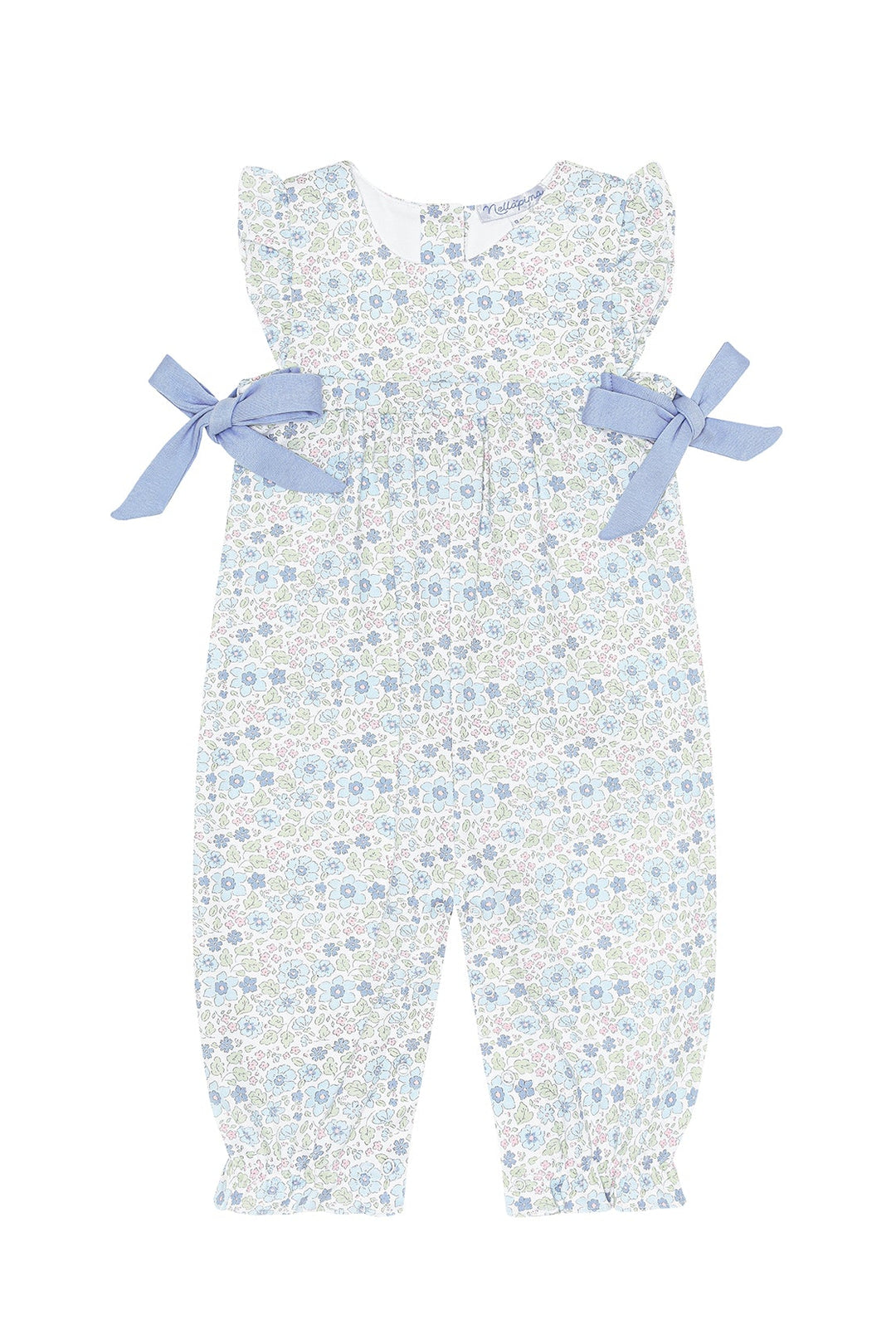 Baby romper with floral pattern and blue bows on a white background