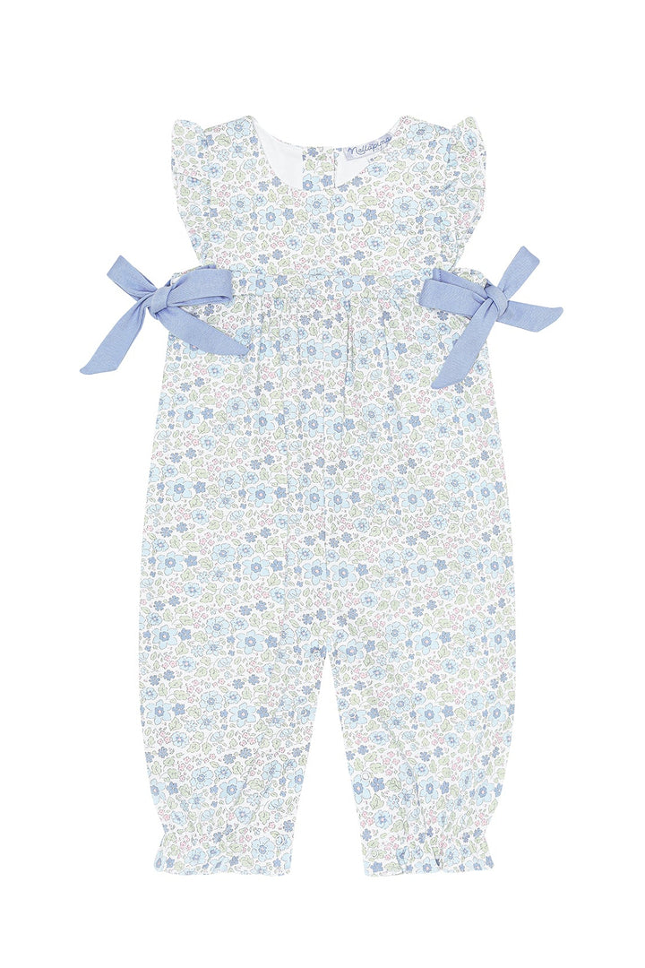 Baby romper with floral pattern and blue bows on a white background