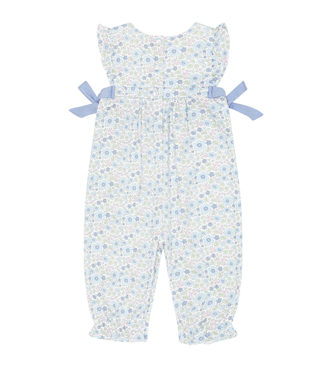 blue meadows overall with ties on waist