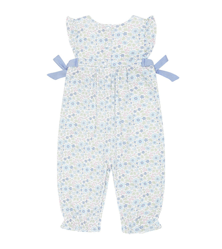 blue meadows overall with ties on waist