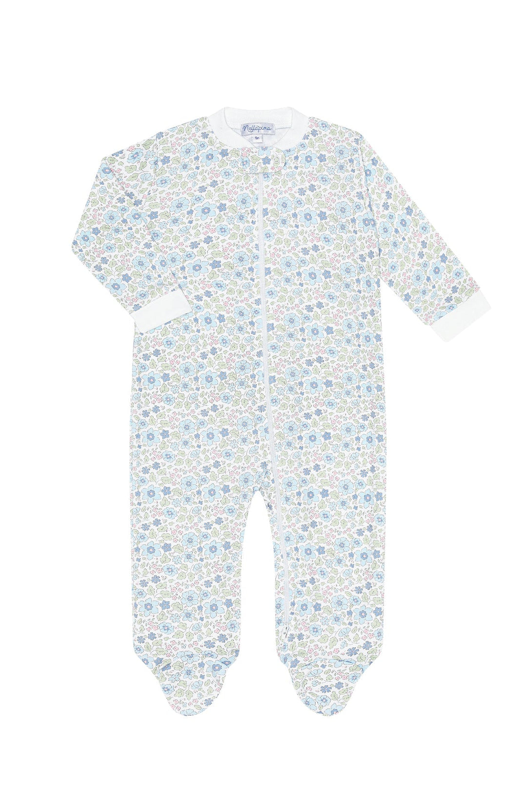 A baby long-sleeve footed sleeper with an all-over light blue and white floral pattern, shown flat on a white background.