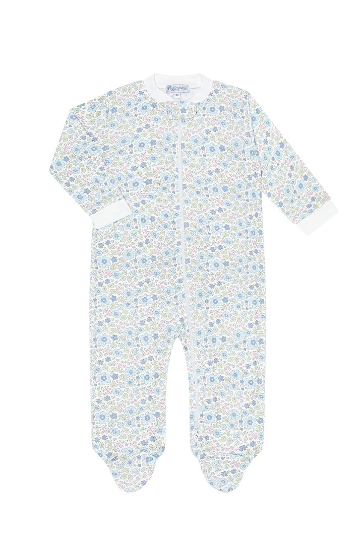 A baby long-sleeve footed sleeper with an all-over light blue and white floral pattern, shown flat on a white background.