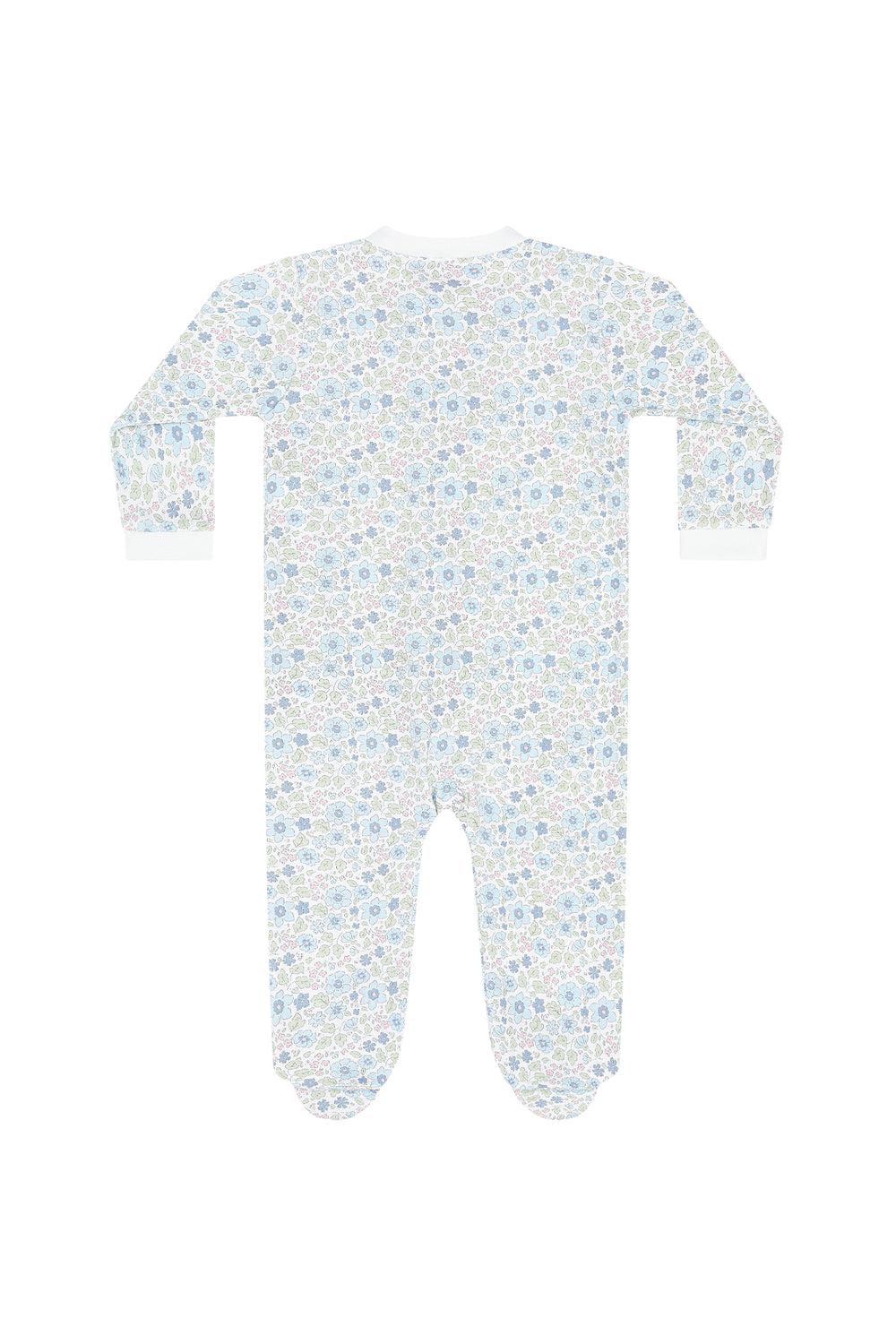 A baby footed one-piece sleeper with long sleeves and an all-over floral print in light blue, pink, and white, shown against a plain white background.