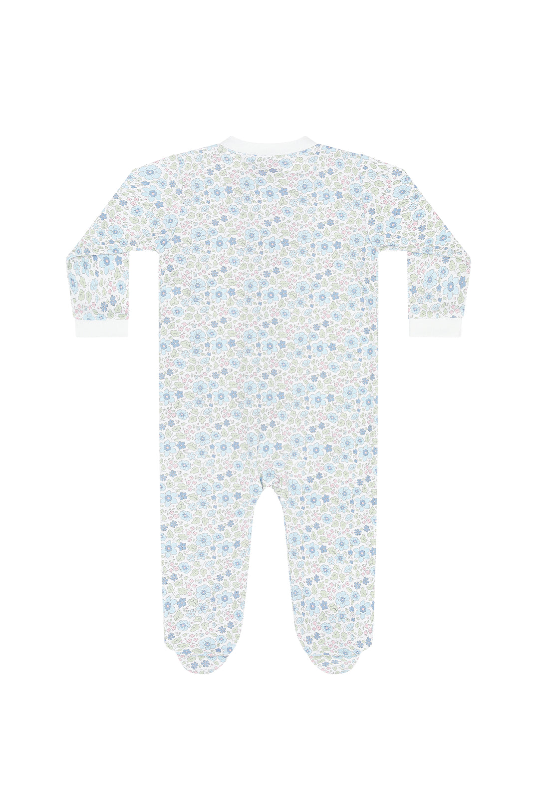 A baby footed one-piece sleeper with long sleeves and an all-over floral print in light blue, pink, and white, shown against a plain white background.