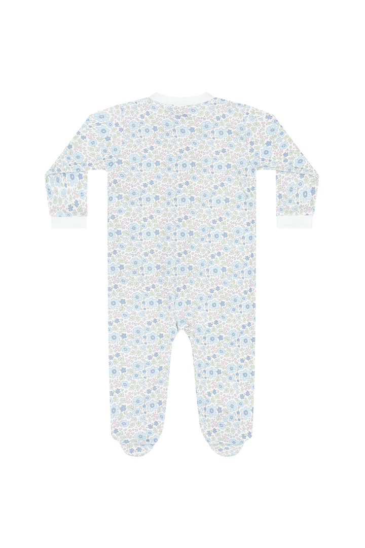 A baby footed one-piece sleeper with long sleeves and an all-over floral print in light blue, pink, and white, shown against a plain white background.