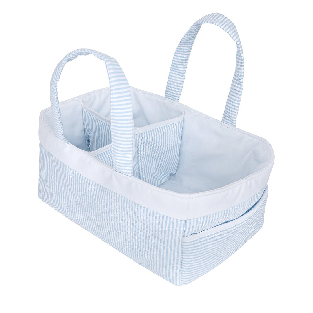 Blue striped diaper caddy on a white background