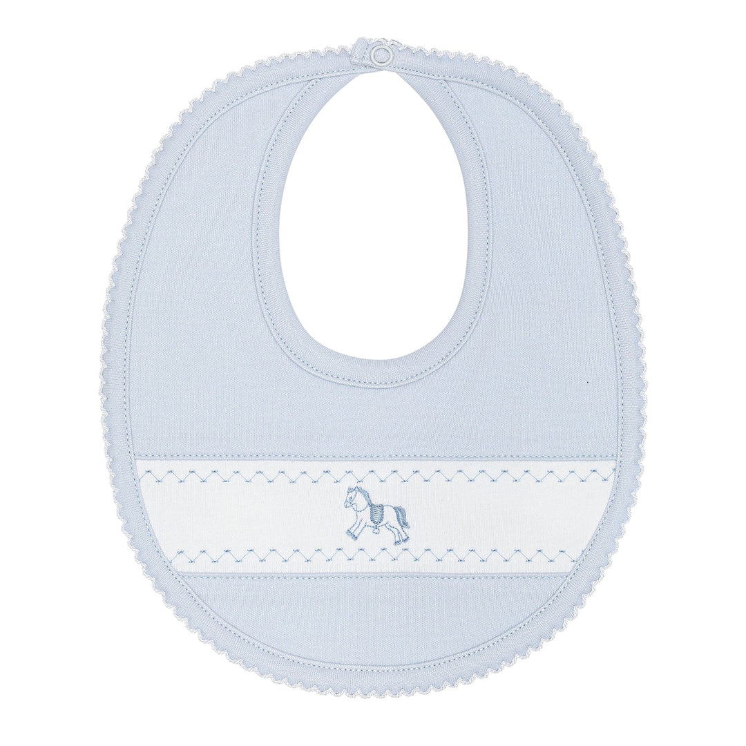 Light blue baby bib with embroidered design on a white background