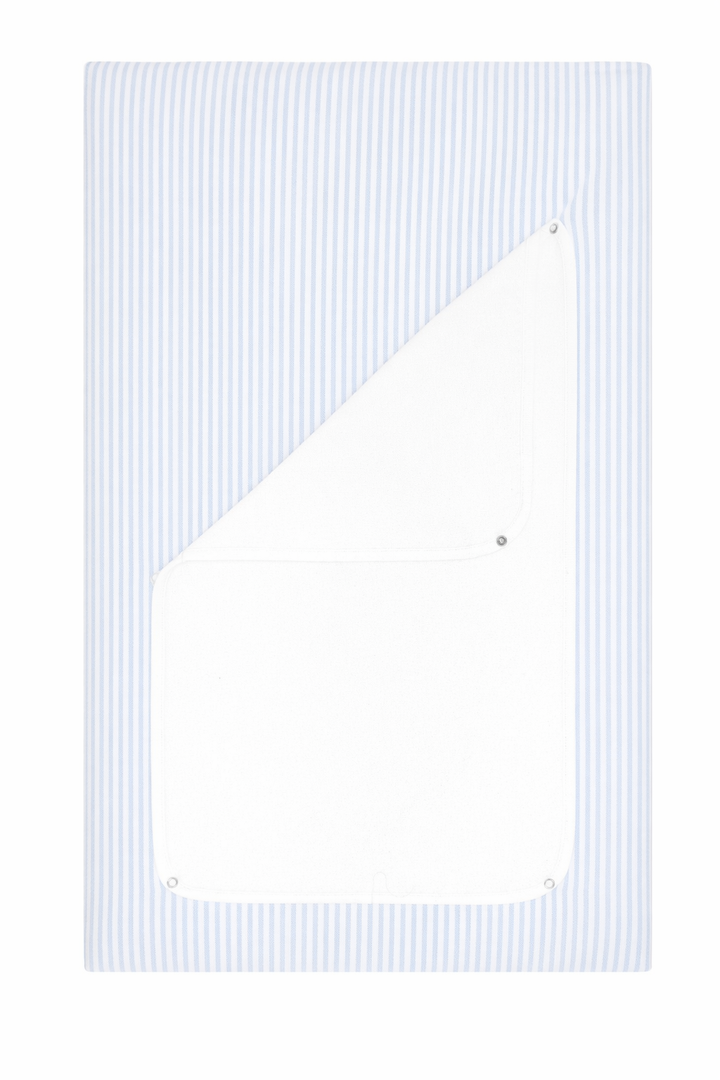 White triangle on a blue striped background