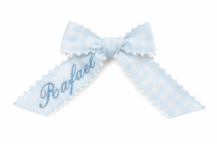 Personalized Embroidered Gingham Ribbon Blue