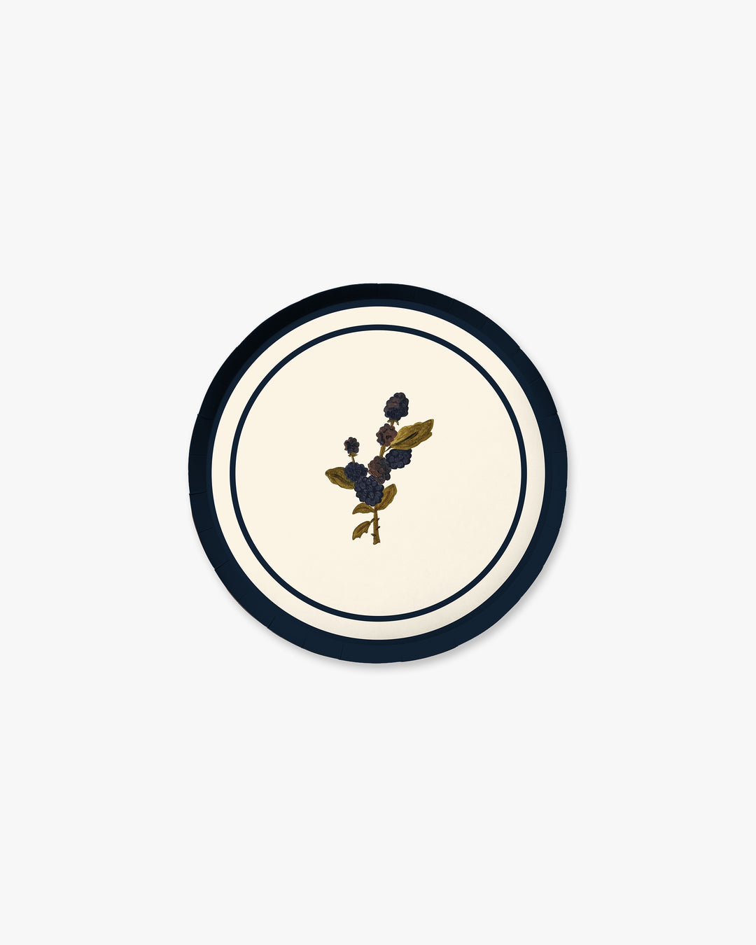 Ivory Botanica hors d'oeuvres paper plate with hand-painted blackberry sprig and navy border