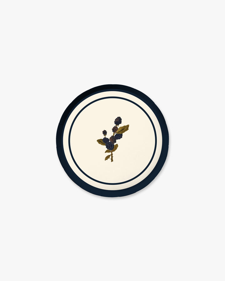 Ivory Botanica hors d'oeuvres paper plate with hand-painted blackberry sprig and navy border