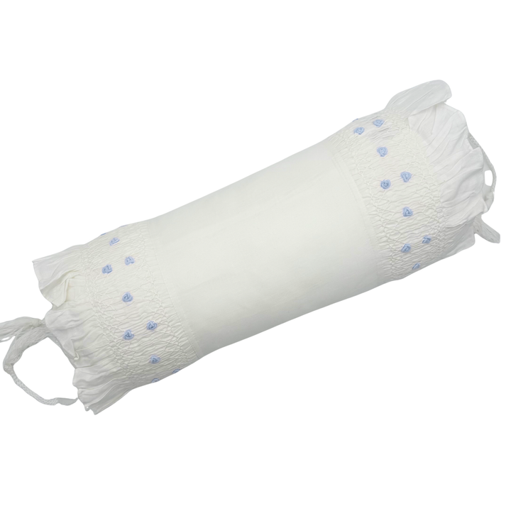 White Smocked Nursery Roll Pillow with Blue Embroidery