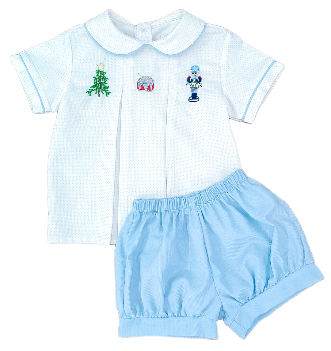 Boys Blue Bitty Dot Corduroy Nutcracker Diaper Set. Percy & Tyne Embroidered Baby Boy Outfit. Blue Corduroy Bloomer with Nutcracker Details.