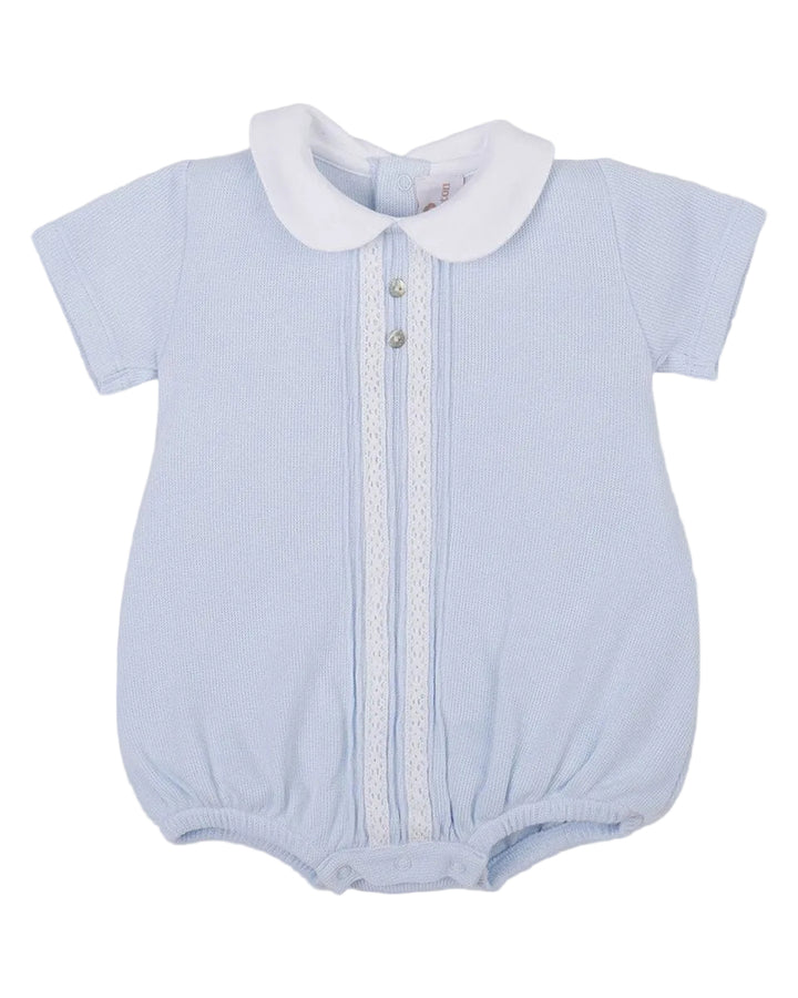 Light blue baby romper with white collar on a white background