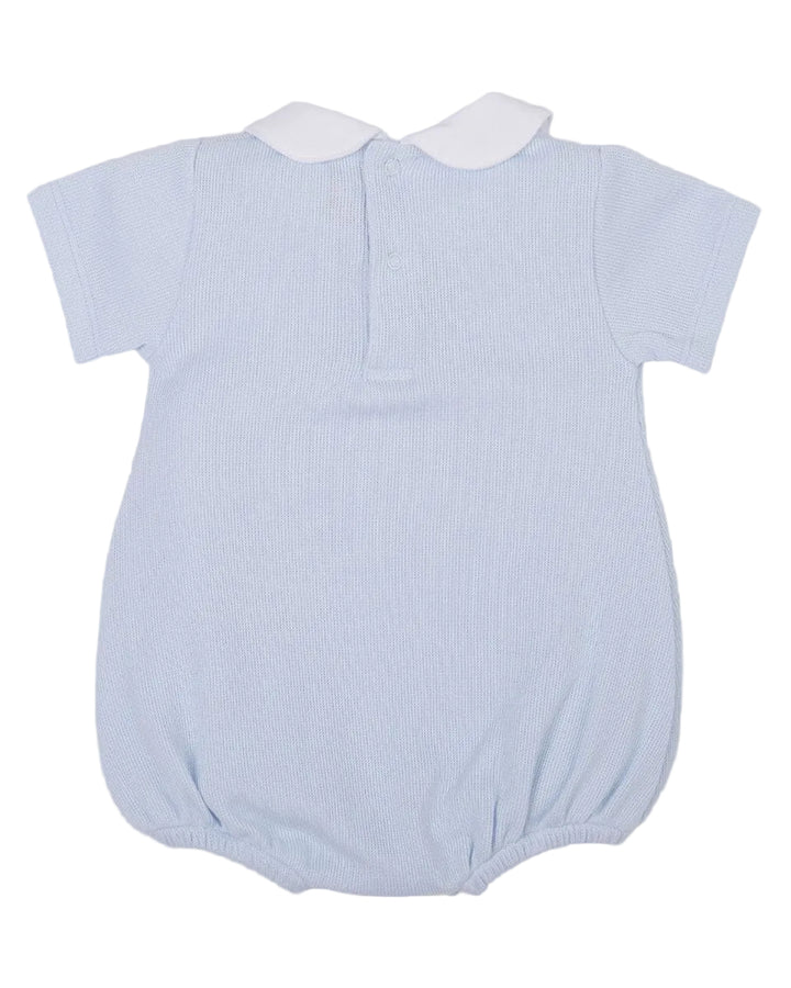 Light blue baby romper with white collar on a white background