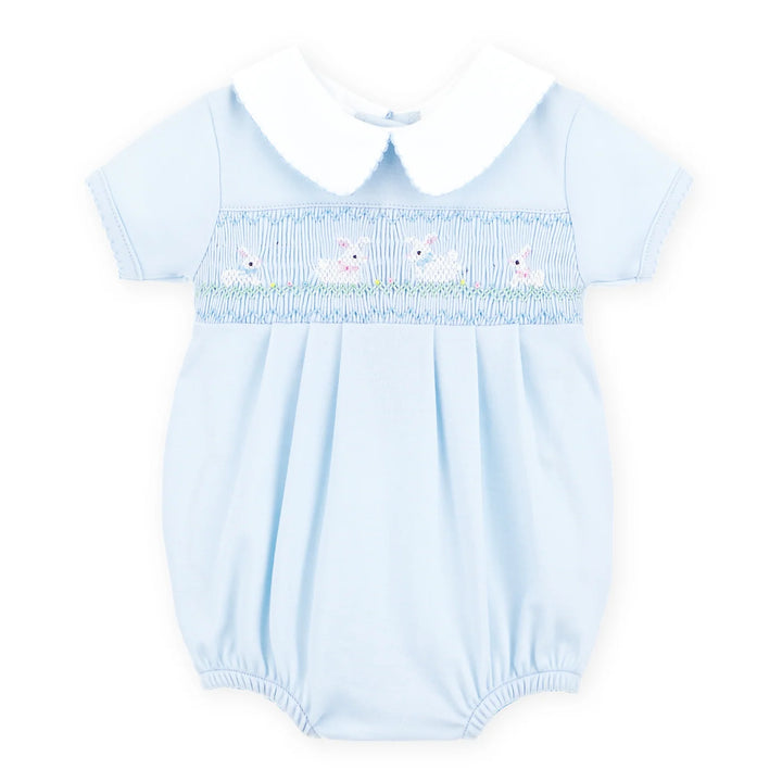 Baby Boy Blue Bubble with smocking and bunnies across the chest