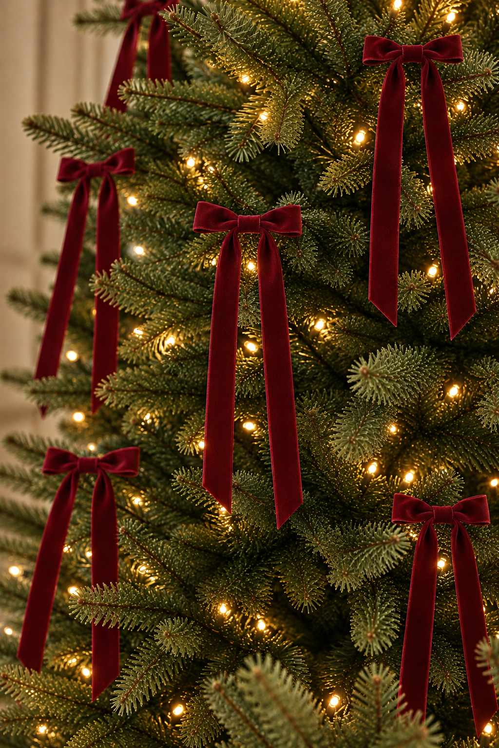 A close-up of a decorated Christmas tree with green pine branches, warm white string lights, and multiple dark red velvet bow ornaments hanging throughout.