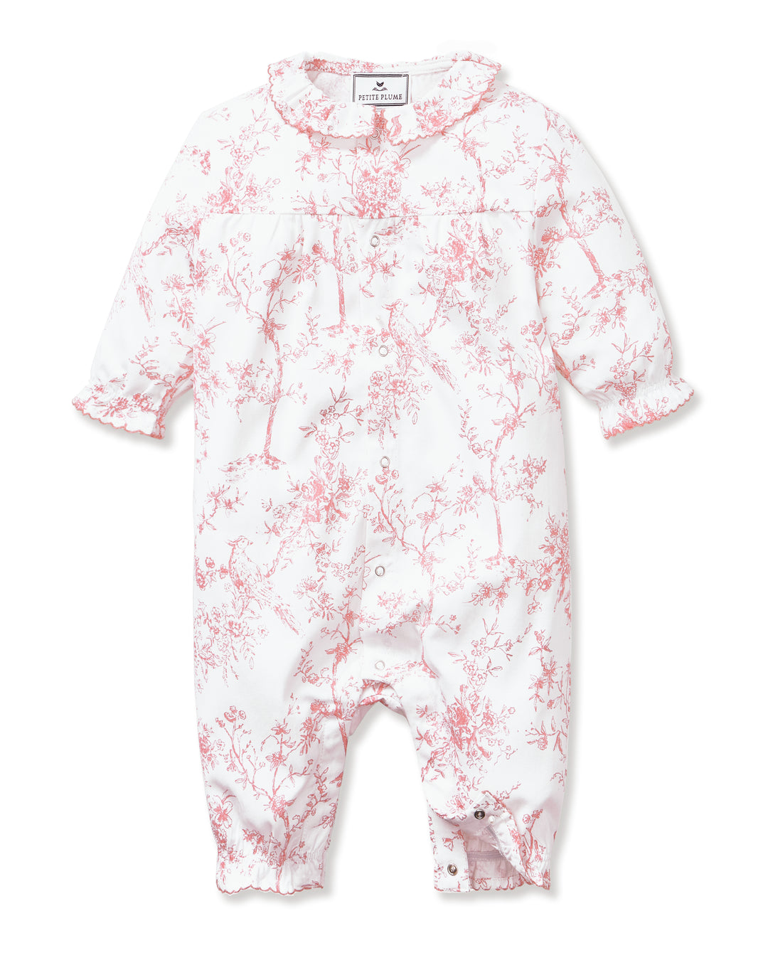 Baby romper with pink floral pattern on a white background
