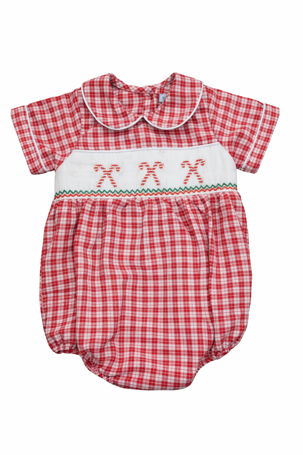 Candy Cane Smocked Red Plaid Boy Bubble. Baby Boy Red Plaid Christmas Bubble Outfit.. Red Plaid Bubble with Candy Cane Smocking.