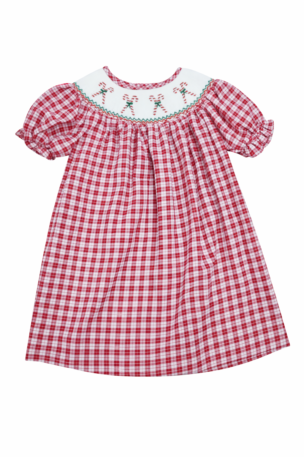 Candy Cane Smocked Red Plaid Holiday Dress. Girls Red Plaid Christmas Dress with Embroidery. Red Plaid Dress with White Smocked Yoke.
