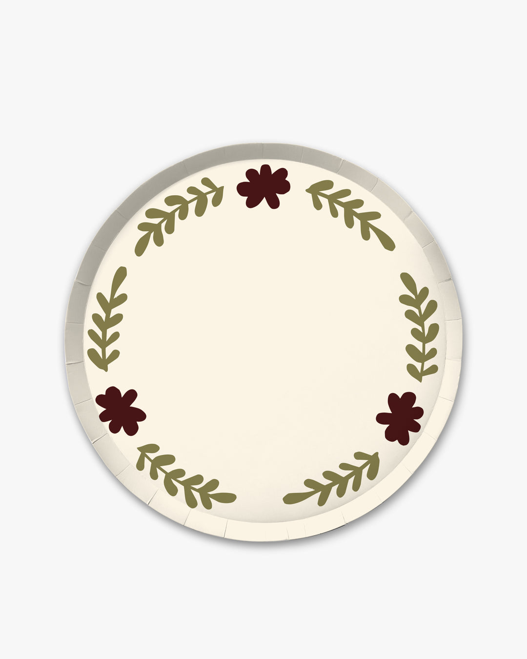 Casa Dinner Paper Plate Set in creme with olive floral border, front view on white background