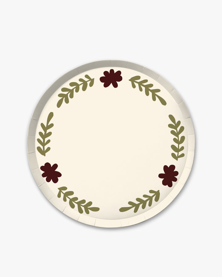 Casa Dinner Paper Plate Set in creme with olive floral border, front view on white background