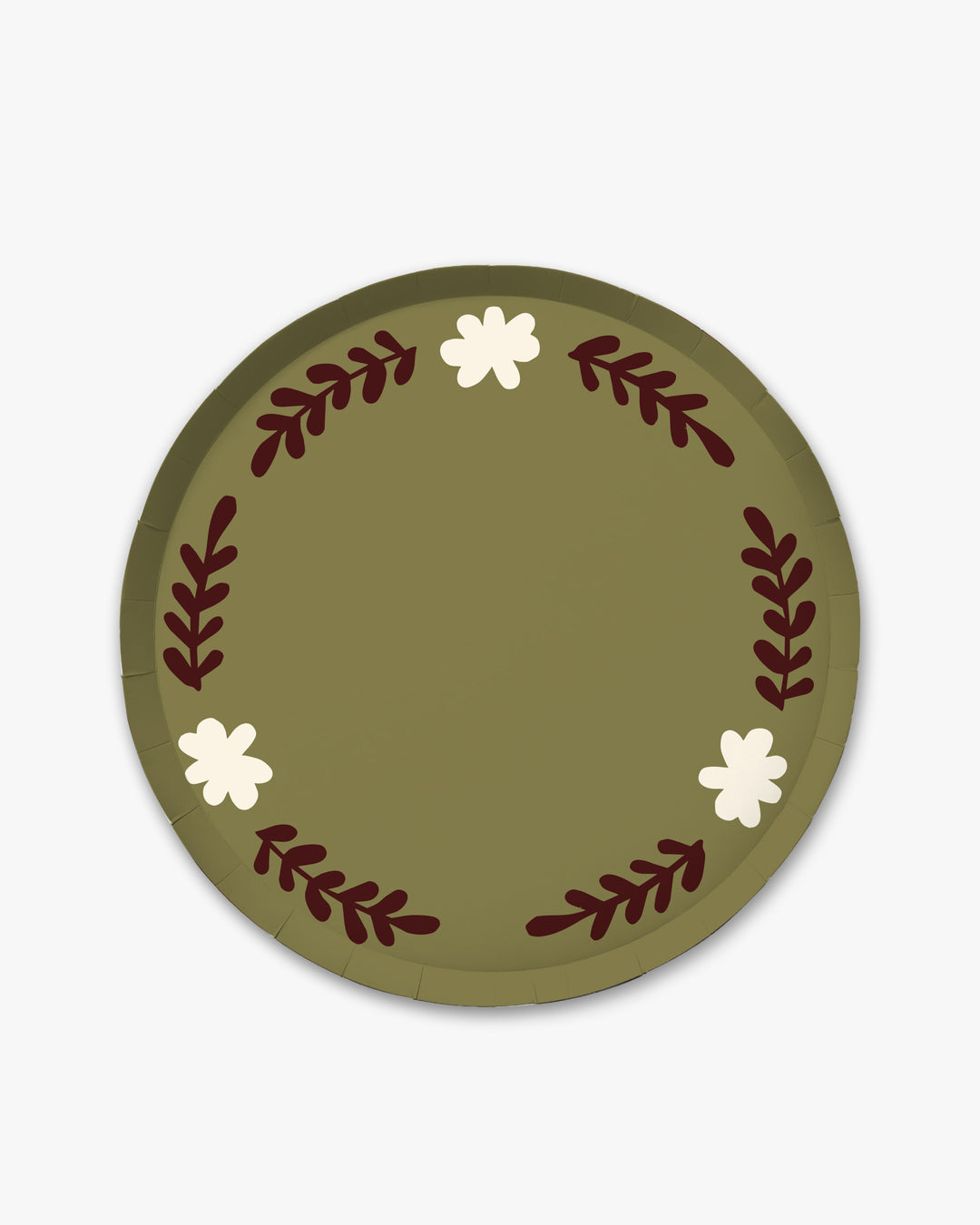 a round olive green paper plate with floral details surrounding the edge