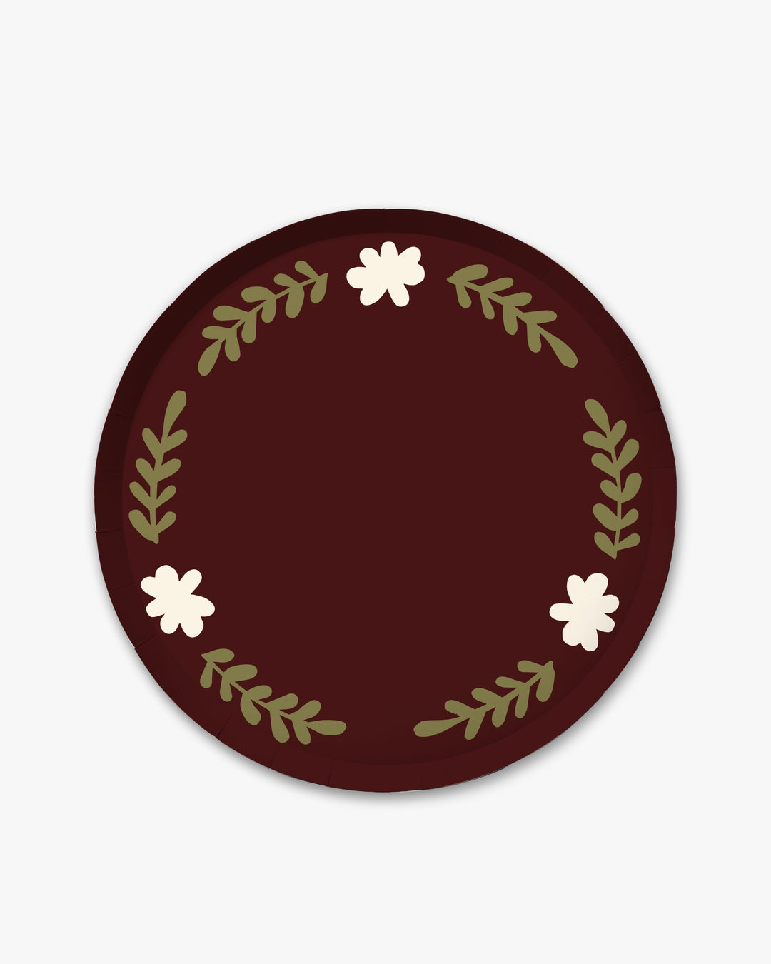 Casa Dinner Paper Plate Set in truffle with ivory floral wreath border, front view on white background