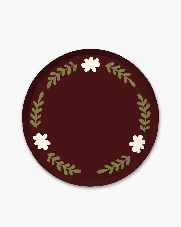 Casa Dinner Paper Plate Set in truffle with ivory floral wreath border, front view on white background