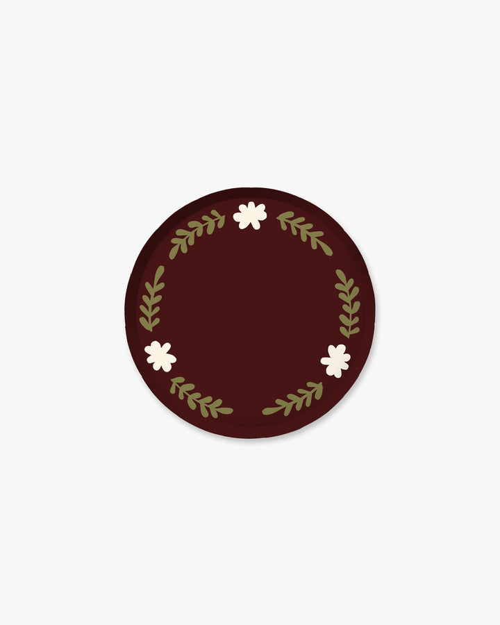 Truffle brown Casa Grand hors d'oeuvres paper plate with hand-painted floral vine border