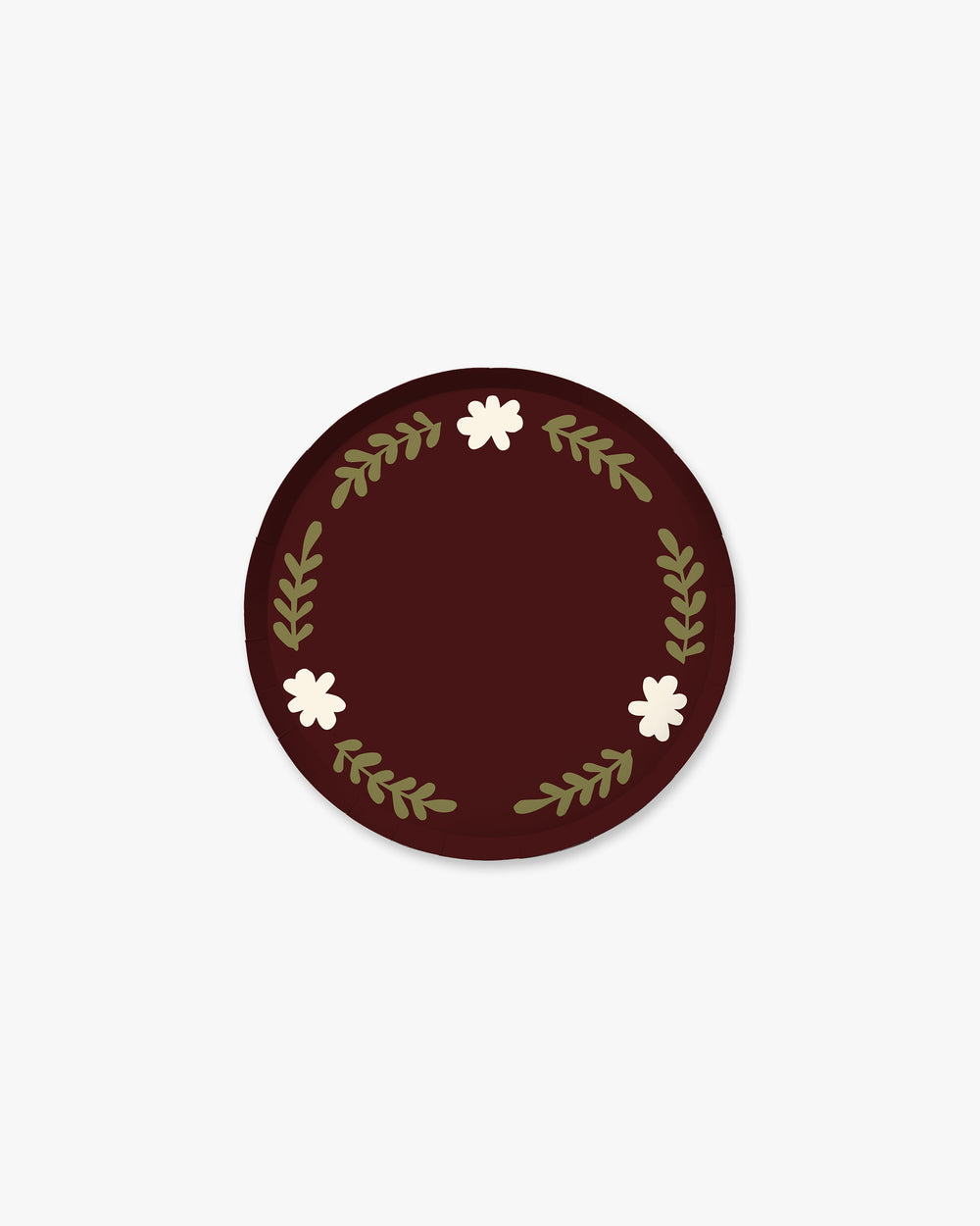 Truffle brown Casa Grand hors d'oeuvres paper plate with hand-painted floral vine border, close view