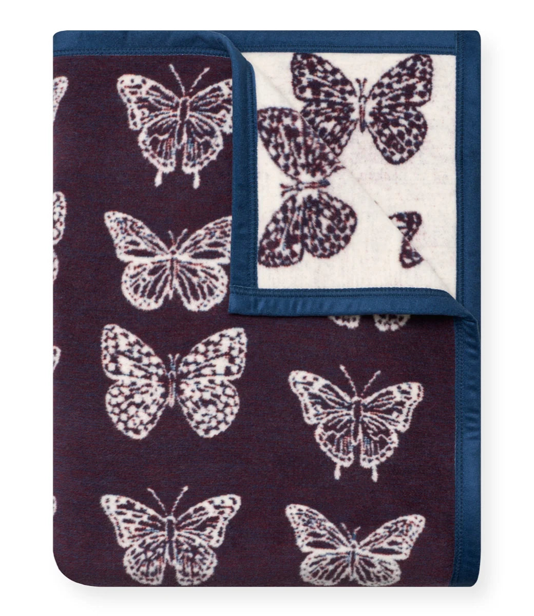 Butterfly patterned blanket with a blue border on a white background