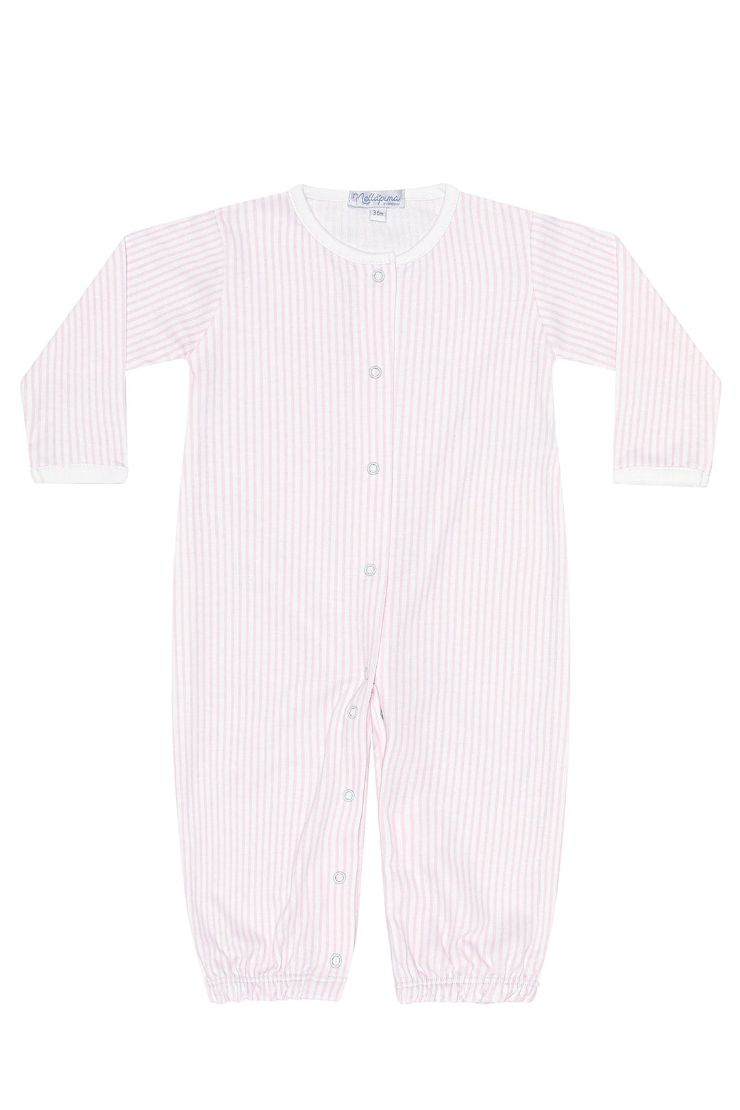 A baby long-sleeve footless one-piece sleeper with vertical pink and white stripes, featuring a snap-button front closure and elastic cuffs.